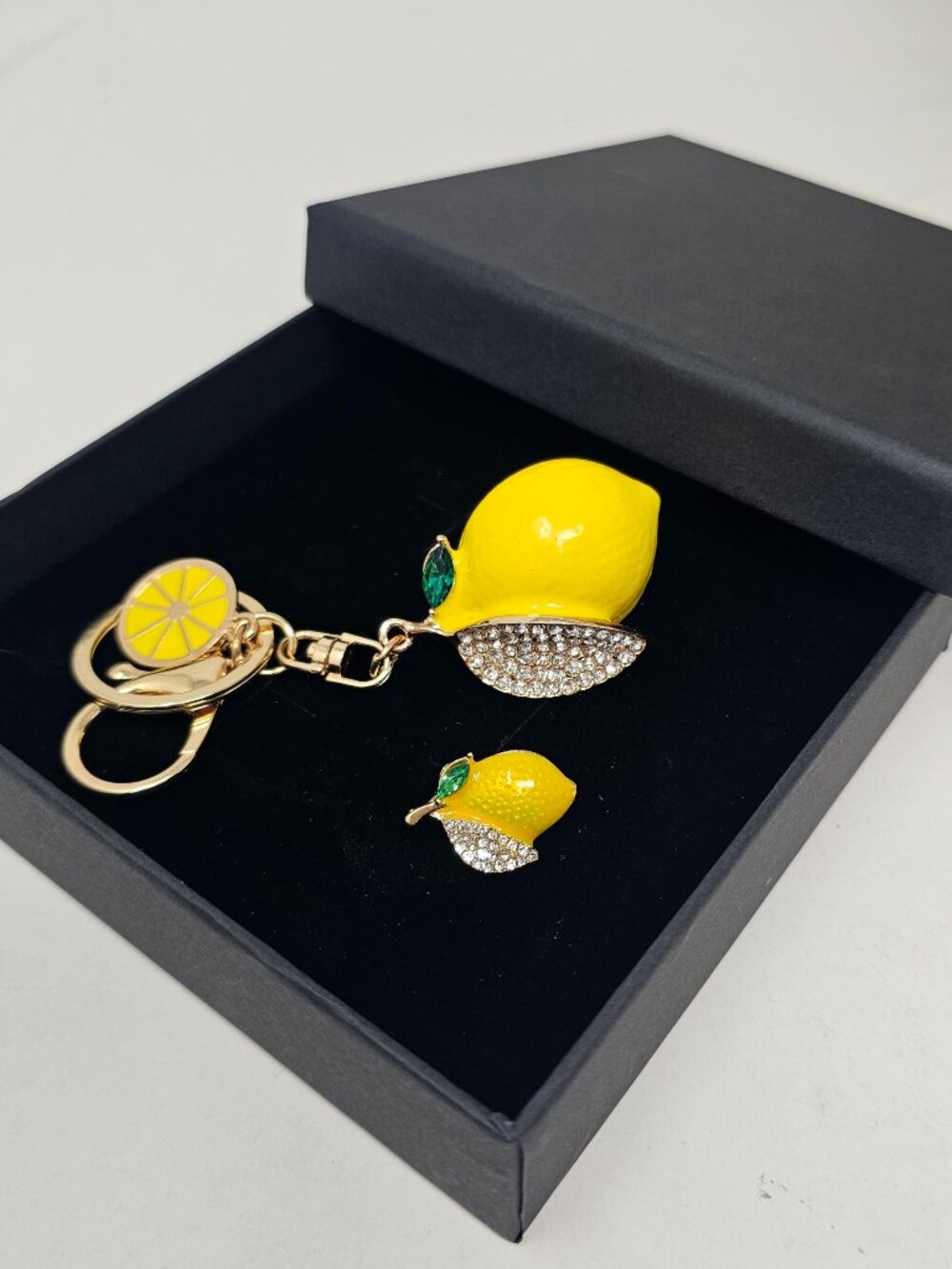 Lemon Keychain + Matching Lemon Pin Set, Yellow Enamel Rhinestone Purse Charm - Picture 3 of 8